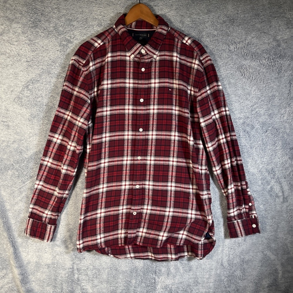 Tommy Hilfiger Men's XL Regular Fit Long Sleeve Flannel Shirt Red White Plaid‎